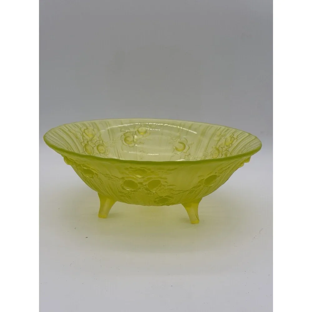 Tiffin Art Glass Vaseline Uranium Satin Roses Bowl 1920 MCM Round Green See Pics